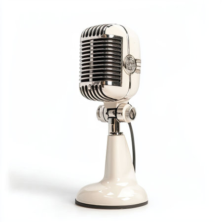 This vintage microphone stands elegantly on a plain background, ideal for projects related to music, podcasts, or media themes. Perfect for evoking nostalgia and creativity.の素材