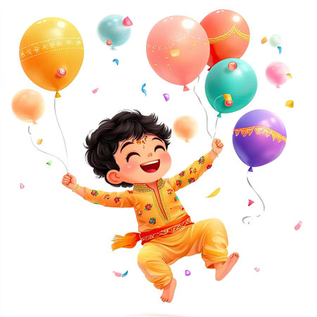 A joyful child in traditional festive attire beams with excitement while holding colorful balloons, embodying the essence of celebration and happiness.の素材