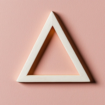 This image features a wooden triangle frame against a soft pink background, ideal for showcasing minimalist designs and creative concepts.の素材