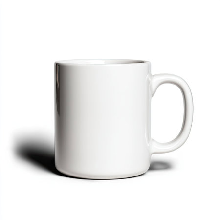 This image features a simple and elegant blank white coffee mug positioned against a clean background, perfect for customization and branding.の素材