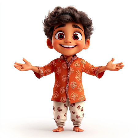 A joyful young boy in vibrant traditional attire smiles widely while extending his arms, embodying a cheerful and welcoming spirit. Perfect for cultural themes.の素材