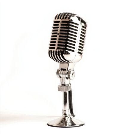 A classic vintage microphone stands alone on a white background, showcasing its sleek metallic design. Perfect for music projects, broadcasting themes, and creative media.の素材