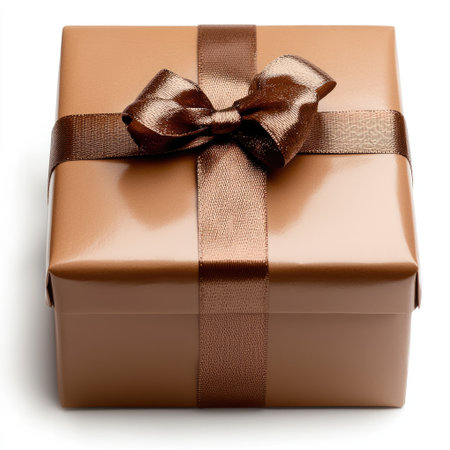 A beautifully wrapped brown gift box adorned with a shiny satin ribbon and a decorative bow. Ideal for birthdays, holidays, and special occasions.の素材
