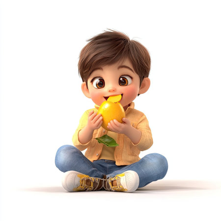 A cheerful cartoon child with a joyful expression sits with a bright yellow lemon. The playful character embodies a sense of innocence and happiness, making it ideal for various creative projects.の素材