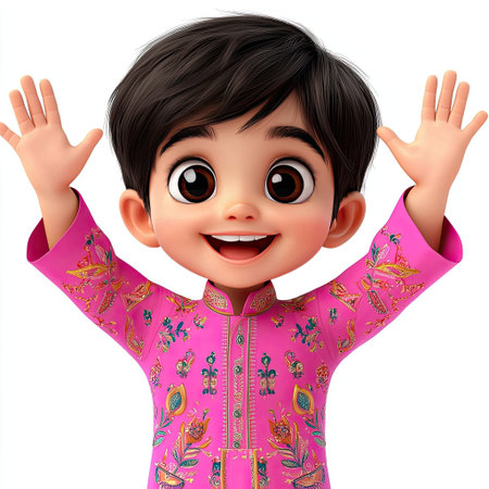A vibrant and cheerful young boy in a pink traditional outfit expresses pure joy and excitement with raised hands, embodying happiness and celebration.の素材