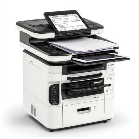 A sleek all-in-one printer featuring a user-friendly touchscreen display, designed to enhance productivity and efficiency in both home and office environments.の素材