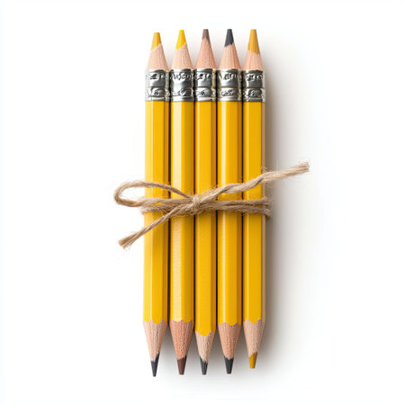 A charming bundle of vibrant yellow pencils wrapped with twine, perfect for adding a touch of creativity to any project or educational setting.の素材