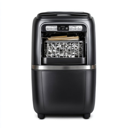 This modern kitchen appliance combines air frying and cooking functionalities with digital controls, perfect for a variety of delicious meals and healthy eating.の素材