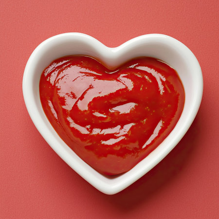 A heart-shaped dish filled with vibrant red ketchup sits against a smooth red background, perfect for romantic settings or playful dining occasions.の素材