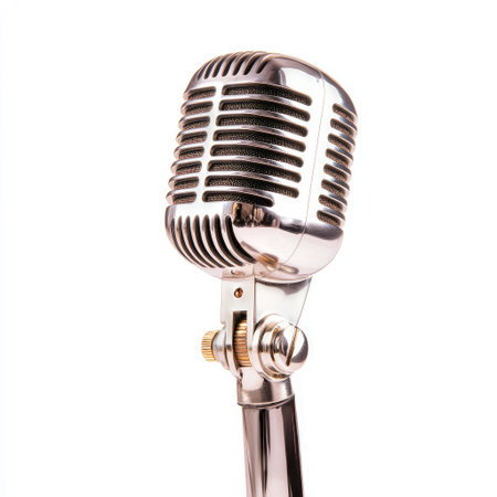 A classic vintage silver microphone stands elegantly against a pure white background, ideal for themes of music, podcasting, and broadcasting.の素材