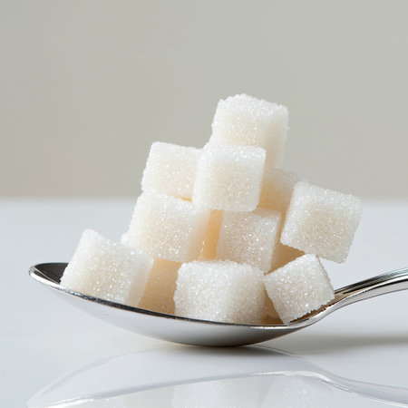 A close-up of sugar cubes arranged on a spoon creates a minimalist and elegant look, highlighting the sweetness and texture of sugar in a refined setting.の素材