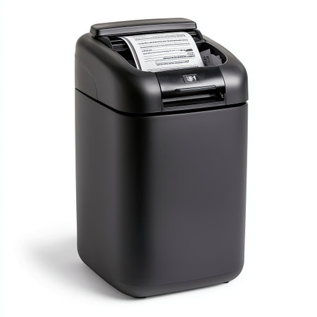 This image features a sleek black paper shredder designed for home office use, showcasing efficient document disposal and security for personal information.の素材