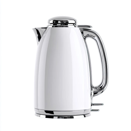 A sleek, modern electric kettle with a shiny white body and stainless steel accents. Perfect for quickly boiling water for tea or coffee.の素材