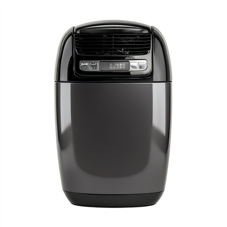 This modern portable air conditioner features a digital control panel and a compact design, making it perfect for efficient cooling in homes or offices during warm weather.の素材