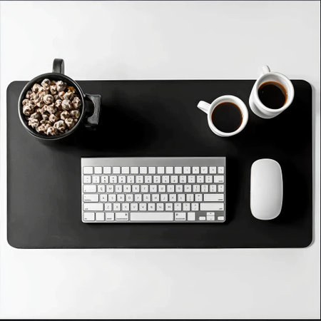 A sleek and minimalist workspace featuring a white keyboard, mouse, and two coffee cups beside a bowl of popcorn. This setup illustrates productivity and comfort in a modern office environment.の素材
