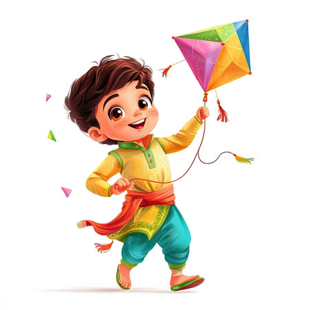 A cheerful child in vibrant traditional attire joyfully flies a colorful kite, embodying the spirit of festivals and carefree childhood fun in an animated scene.の素材