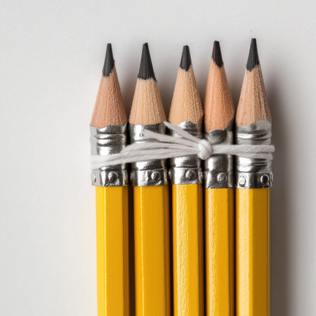 A neat arrangement of yellow pencils tied together with a white string, perfect for themes related to education, creativity, and artistic pursuits.の素材