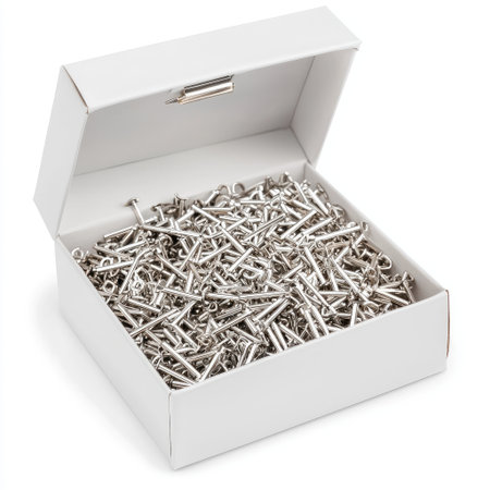 A packed box filled with shiny silver metal fasteners, ideal for various crafts, DIY projects, and home improvement tasks. Perfect for organization!の素材