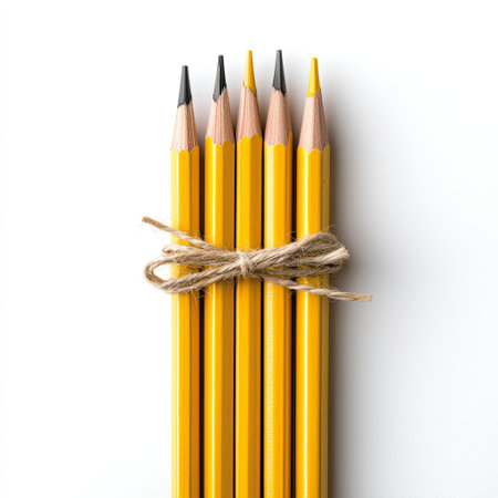 This image features a neat bundle of six yellow pencils tied together with twine against a clean white background, offering a minimalist aesthetic suitable for art and educational themes.の素材