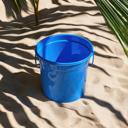 A vibrant blue plastic bucket rests on soft sand, surrounded by gentle shadows from palm leaves, capturing the essence of summer fun and relaxation at the beach.の素材