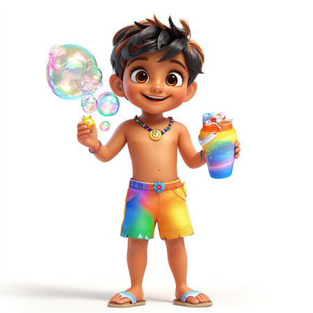 A cheerful young boy enjoys a sunny day at the beach, surrounded by colorful bubbles and holding a vibrant drink, embodying the essence of youthful joy.の素材