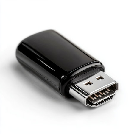 A sleek black USB flash drive rests on a smooth white background, highlighting the modern design and functionality of digital storage technology.の素材