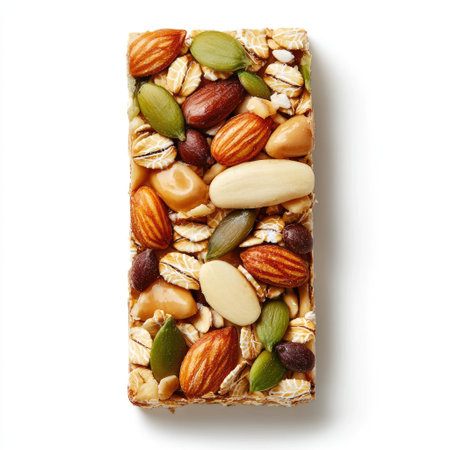A vibrant snack bar filled with a mix of nuts, seeds, and oats, perfect for energizing your day. Ideal for health-conscious individuals and outdoor enthusiasts.の素材