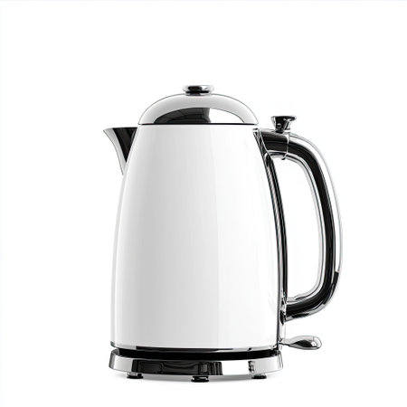 This modern electric kettle features a sleek white body with chrome accents, perfect for enhancing any kitchen. Enjoy fast boiling and stylish brewing.の素材