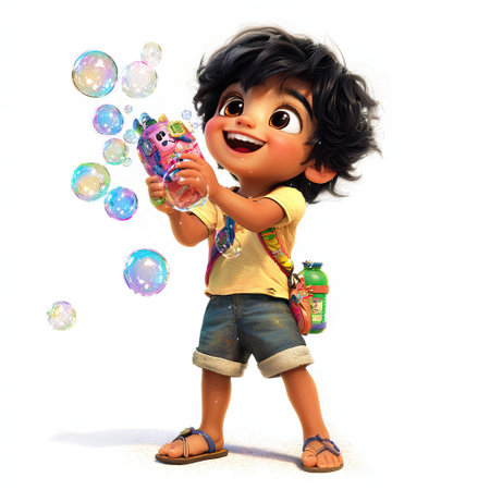 A cheerful young boy enjoys a sunny day outdoors, playing with colorful bubbles. His joyful expression captures the essence of childhood joy and freedom.の素材