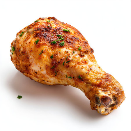 A deliciously seasoned chicken drumstick showcases vibrant flavors and a crispy exterior, garnished with fresh parsley for an appetizing presentation.の素材