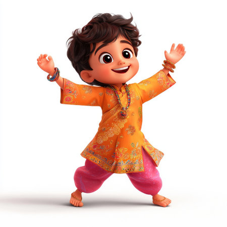 A vibrant young child displays joy and enthusiasm in a colorful traditional outfit. The childの素材