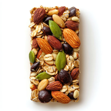 A vibrant energy bar featuring an assortment of nuts, seeds, and oats combined with a touch of chocolate, ideal for a nutritious snack on the go.の素材