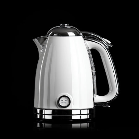A sleek white electric kettle with chrome accents set against a black background. Perfect for modern kitchens, this appliance effortlessly combines style and functionality.の素材