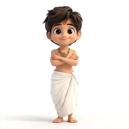 A charming cartoon boy stands confidently with a warm smile, dressed in traditional attire. This whimsical character embodies youth and playfulness, ideal for children's themes.の素材