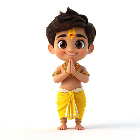 This vibrant and charming cartoon boy in traditional attire symbolizes joy and innocence, showcasing a playful yet respectful prayer gesture with a bright smile.の素材