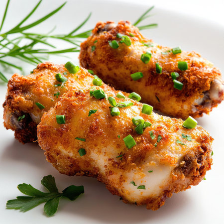 Indulge in these crispy golden chicken drumsticks garnished with fresh chives, perfect for dinner or a savory snack. A delightful culinary experience!の素材