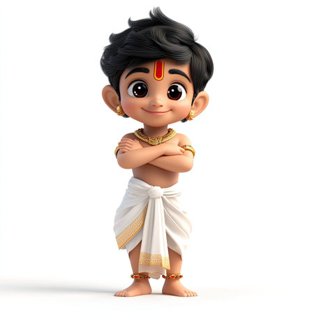 A charming young boy poses in traditional attire, adorned with beautiful jewelry and a bright smile, embodying the essence of childhood joy and innocence.の素材