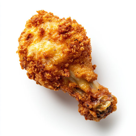 A perfectly fried chicken drumstick showcasing its crispy and golden texture. This mouthwatering dish represents comfort food at its finest. Ideal for meal ideas.の素材