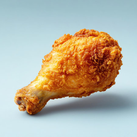 A single crispy fried chicken drumstick presented in an appealing manner against a light blue background, perfect for food-related content.の素材