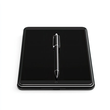 A modern digital tablet with a stylus rests on a clean surface, offering a sleek look perfect for creative and professional applications. Ideal for design and note-taking.の素材