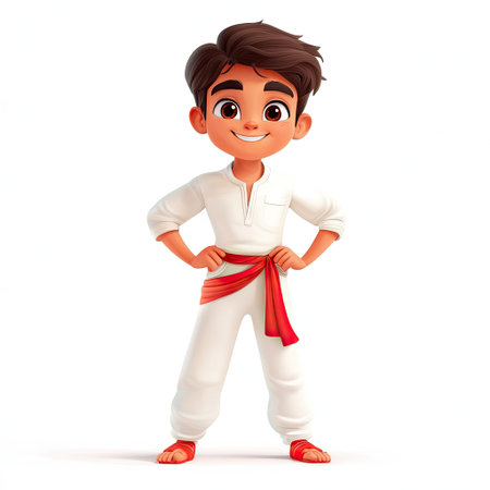 This lively image features a young boy dressed in vibrant traditional attire, showcasing a playful pose and a bright smile that conveys joy and confidence.の素材