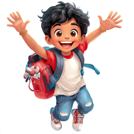 A joyful young boy with curly hair jumps in the air, showcasing his vibrant personality in a casual outfit with a backpack, embodying the spirit of exploration and happiness.の素材