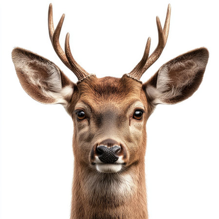 This captivating close-up portrait features a majestic deer with prominent antlers. The high detail emphasizes its expressive eyes and soft fur, set against a gentle background, showcasing the beauty of wildlife in nature.の素材