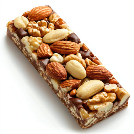 This image features a delightful nut and chocolate bar packed with almonds, walnuts, and peanuts, set against a clean white background. Perfect for snack enthusiasts!の素材