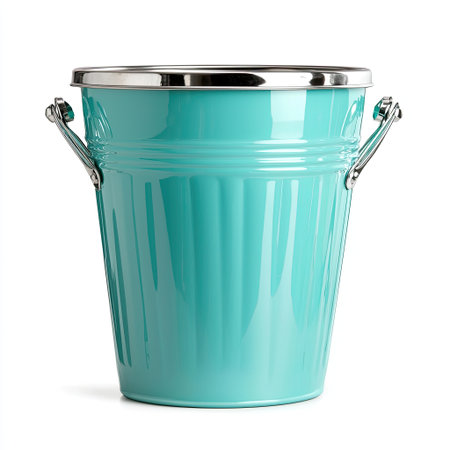 This vibrant turquoise metal bucket features a shiny silver handle, ideal for various home and garden uses. Perfect for storage and decor.の素材