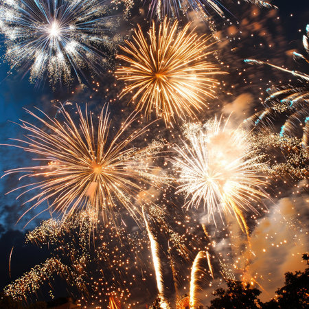 A vibrant and stunning display of colorful fireworks illuminating the night sky, creating a festive atmosphere perfect for celebrations and events.の素材