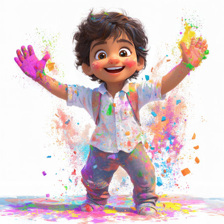 A joyful child celebrates during a colorful festival, covered in vibrant powder, embodying happiness and fun. His open arms and bright smile capture the essence of creativity and carefree joy.の素材