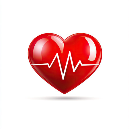 This glossy red heart illustration features a white heartbeat line, symbolizing health, wellness, and love in a digital, modern design. Perfect for health-related projects.の素材