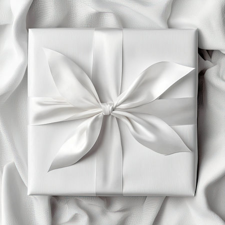 A beautifully wrapped white gift box adorned with a vibrant satin ribbon on a soft fabric surface, ideal for any celebratory occasion or event.の素材