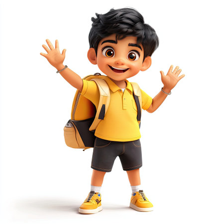 A vibrant illustration of a cheerful young boy with a backpack, waving excitedly in a bright yellow outfit, capturing the essence of youth and adventure.の素材